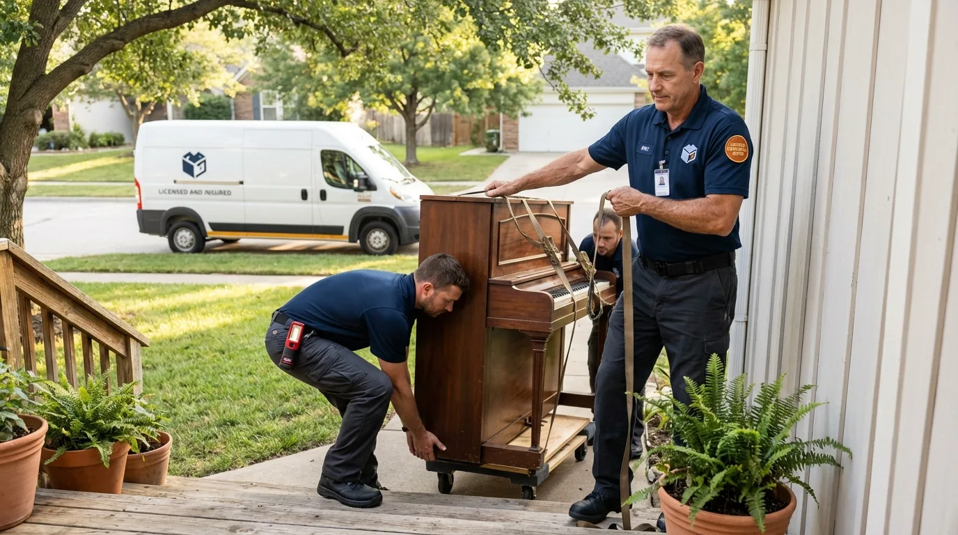 Licensed piano movers securing grand piano in Troy, ME